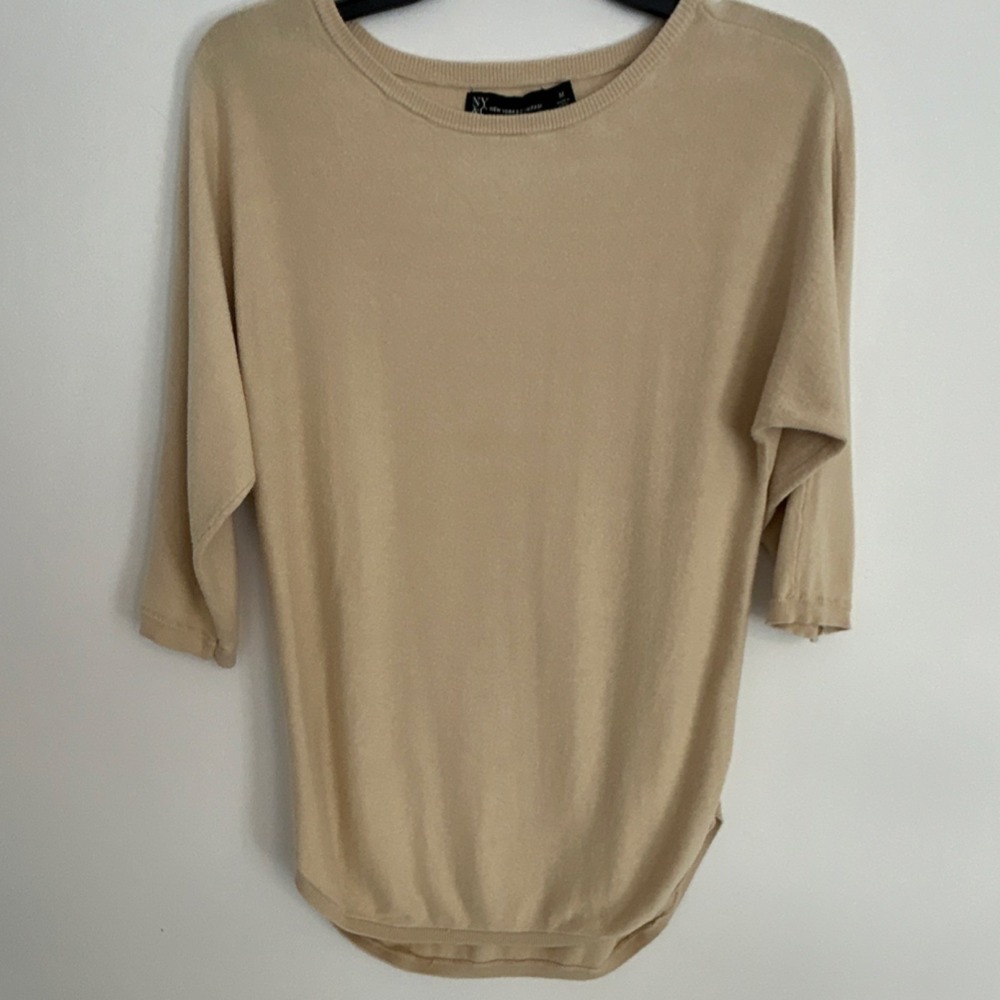 NY&Co Women's Knit Crew Neck 3/4 Sleeve Pullover Sweater Ribbed Trim Beige M